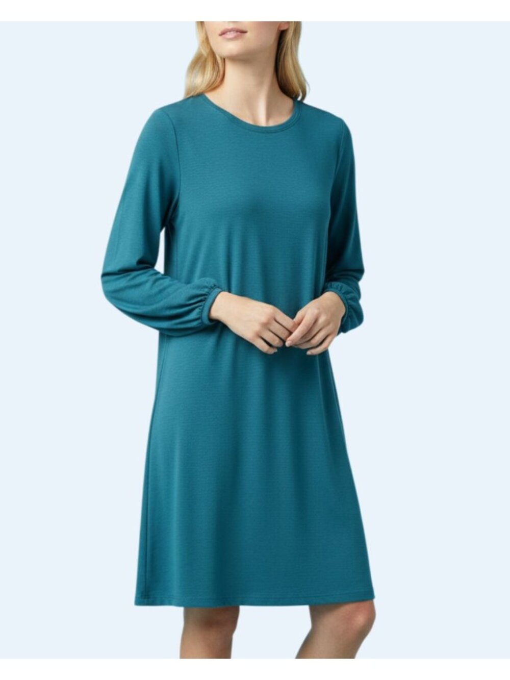 DAVI & DANI Womens S Blue Jersey Shift Dress Long Sleeve Stretch Pockets NWT